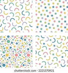 Cute colorful vector patterns with stars half circles and polka dots