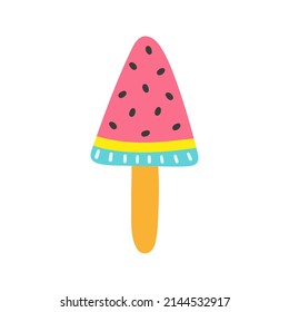 Cute and colorful vector popsicles, ice cream in the form of a watermelon on stick. Summer popsicle vector illustration