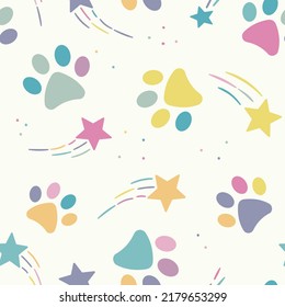 Cute colorful vector repeat pattern for pets with paws and shooting stars