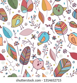 Cute and colorful vector seamless background for kids room, fabric, textile. Beautiful floral elements, leaves, flowers and funny birds in rainbow colors on white background. Nice children pattern.
