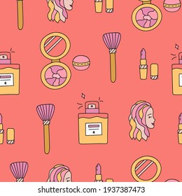 Cute and colorful vector seamless hand drawn pattern with perfume, powder, brush, girl with bright colored hair