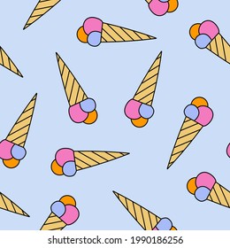 Cute and colorful vector seamless hand drawn pattern with ice cream in pastel colors. Can be used for wrapping paper, bedclothes, notebook, packages, gift paper, fabric, textile, planners, socks.