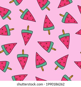Cute and colorful vector seamless hand drawn pattern with ice cream in a spape of watermelon with doodle outline. Can be used for, wrapping paper, bedclothes, notebook, packages, gift paper, clothes.