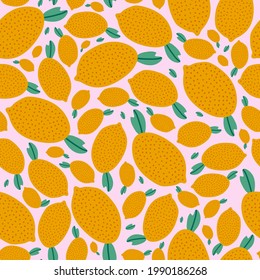 Cute and colorful vector seamless hand drawn pattern with bright and juicy lemon in pink, yellow colors. Can be used for, wrapping paper, bedclothes, notebook, packages, gift paper, clothes, textile.