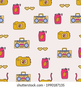 Cute and colorful vector seamless hand drawn pattern with portable radio, sunglasses, carbonated drink, retro camera. Can be used for wrapping paper, bedclothes, notebook, packages, gift paper, fabric