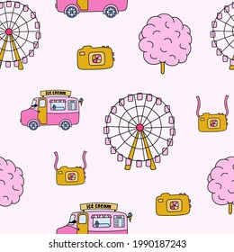 Cute and colorful vector seamless hand drawn pattern with amusement park. Can be used at the posters, wrapping paper, for bedclothes, socks, towels, notebook, postcard, packages, gift paper, fabric.