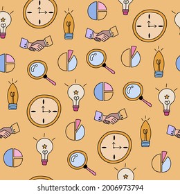 Vector lindo y colorido sin fisuras, patrón dibujado a mano con amplificador, sonido, reloj, diagrama, apretón de manos, lámpara. Se puede usar para, envolver papel, ropa de cama, cuaderno, paquetes, papel de regalo.