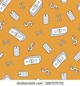 Un vector lindo y colorido, sin fisuras, patrón dibujado a mano con dinero, efectivo, monedas, dólar, porcentaje. Se puede usar para, envolver papel, ropa de cama, cuaderno, paquetes, papel de regalo.