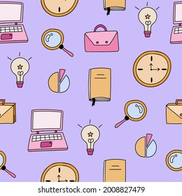 Vector lindo y colorido sin fisuras, patrón dibujado a mano con portátil, amplificador, maletín, diagrama, lámpara, reloj. Se puede usar para, envolver papel, ropa de cama, cuaderno, paquetes, papel de regalo.