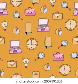 Cute and colorful vector seamless hand drawn pattern with laptop, magnifier, briefcase, lamp, clock. Can be used for, wrapping paper, bedclothes, notebook, packages, gift paper.