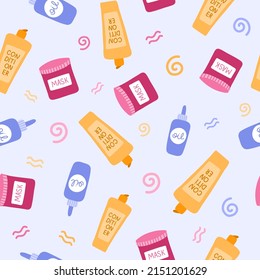 Cute and colorful vector seamless hand drawn pattern with cosmetic products for Curly Girl Method (curly hair routine). Can be used for, wrapping paper, bedclothes, notebook, packages, gift paper.