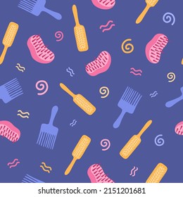 Cute and colorful vector seamless hand drawn pattern with cosmetic products for Curly Girl Method (curly hair routine). Can be used for, wrapping paper, bedclothes, notebook, packages, gift paper.