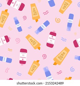 Cute and colorful vector seamless hand drawn pattern with cosmetic products for Curly Girl Method (curly hair routine). Can be used for, wrapping paper, bedclothes, notebook, packages, gift paper.