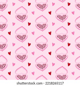 Vector lindo y colorido patrón dibujado a mano sin fisuras con una caja de chocolates y corazones en forma de corazón adorable. Ilustraciones de San Valentín. Para papel de envolver, ropa de cama, notebook, paquetes, papel de regalo