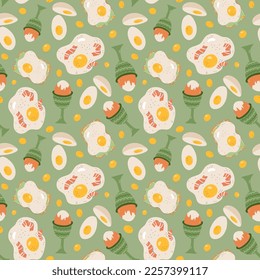 Cute and colorful vector seamless hand drawn pattern with fried, boiled egg and sandwich with egg. Can be used for wrapping paper, bedclothes, notebook, packages, gift paper.