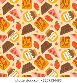 Cute and colorful vector seamless hand drawn pattern with chocolate, honey, Belgian waffle, strawberry, cheesecake. Can be used for wrapping paper, bedclothes, notebook, packages, gift paper.