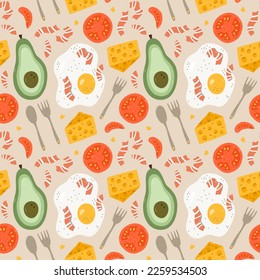 Cute and colorful vector seamless hand drawn pattern with avocado, fried egg with bacon, cheese, tomato, spoon and fork. Can be used for wrapping paper, bedclothes, notebook, packages, gift paper.