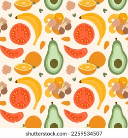 Cute and colorful vector seamless hand drawn pattern with healthy and organic food: avocado, banana, orange, nuts, tomato. Can be used for wrapping paper, bedclothes, notebook, packages, gift paper.