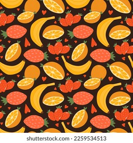 Patrón de traza manual, suave y colorido, vectorial con frutos frescos: banana, mitad de naranja, fresa y corazones. Se puede usar para envolver papel, ropa de cama, cuaderno, paquetes, papel de regalo.