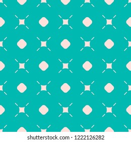 Cute colorful vector seamless pattern. Abstract minimalist geometric texture with small shapes, circles, squares, lines, crosses. Pink and turquoise colors. Simple repeat background. Decorative design