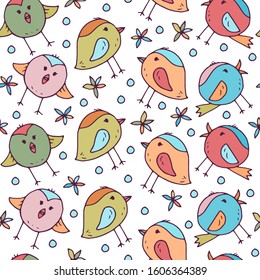 Cute and colorful vector seamless pattern for kids room, fabric, textile. Beautiful floral elements, bubbles, flowers and funny birds in rainbow colors on white background. Nice texture for children.