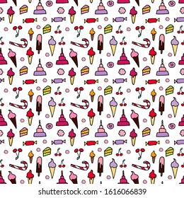 Cute and colorful vector seamless pattern with bakery and candies for kids clothing and paper products. White background, bright colors. Illustration