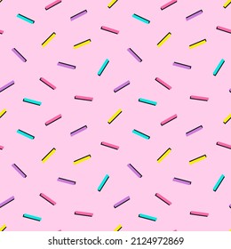Cute colorful vector seamless pattern background with confetti, lines, geometric shapes for 80s, 90s design.