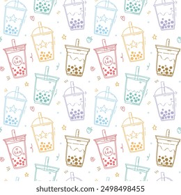 cute colorful vector seamless pattern with cute cartoon bubble tea. art for print, paper wrapping or postcards