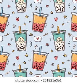 cute colorful vector seamless pattern with cute cartoon bubble tea. art for print, paper wrapping or postcards