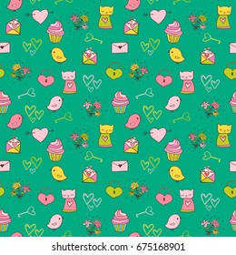 Cute and colorful vector seamless pattern with cats and cupcakes for backgrounds kid birthday invitations and children clothing