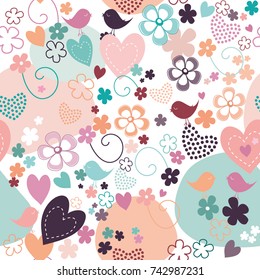 Cute colorful vector seamless pattern with small flowers, birds, hearts. Bright pastel colors. White background.  Whimsical theme