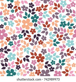 Cute colorful vector seamless pattern with small flowers. Bright pink, purple, orange, blue, turquoise colors. White background