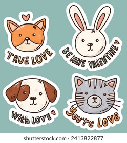 cute colorful vector set with funny animals. background with hand drawn cats and dogs. set of bright elements with text