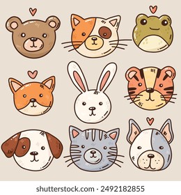cute colorful vector set with funny animals. background with hand drawn tiger and fox. set of bright stickers