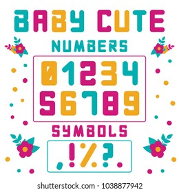 Cute colorful vector set of letters, numbers and symbols for inscriptions. Design elements for kids design, posters, banners, cards.