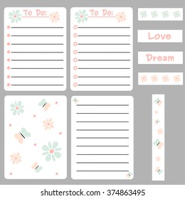 cute colorful vector set of printable template for cards, notes, journal with daisy flowers and butterfly