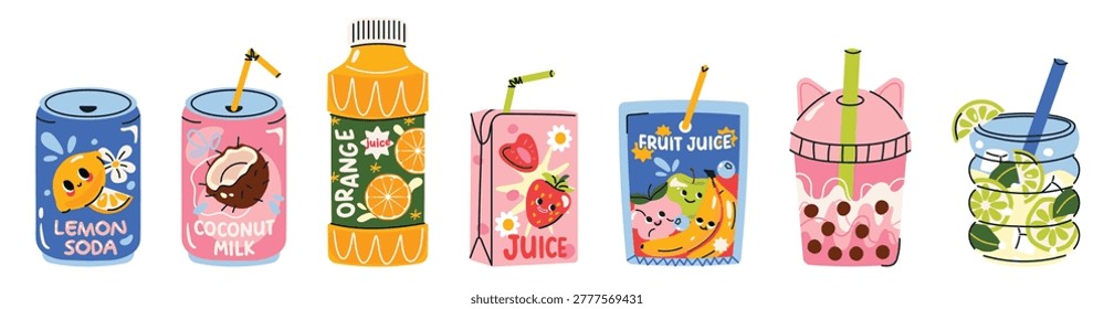 Cute colorful vector set of summer drinks. Soda cans, juice boxes, fruit juice, milk, bubble tea and cocktails. Trendy hand-drawn style, perfect for stickers, packaging, branding and social media
