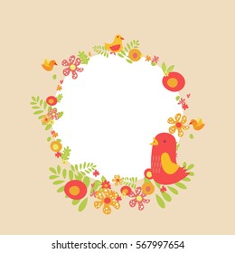 Cute colorful vector of spring season with birds flowers and leaves arrange into circle frame.