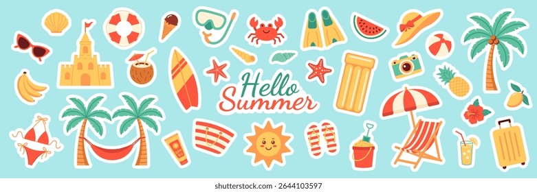 Cute colorful vector sticker set with summer-themed elements like sun, surfboard, palm trees, fruits, beach items, crab, shells and vacation essentials. Flat cartoon style. Blue isolated background.