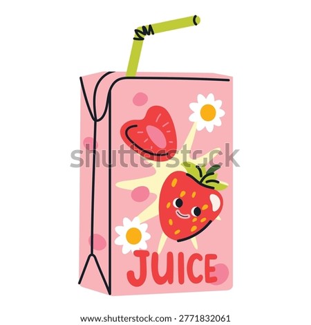 Cute colorful vector summer drink, strawberry juice. Refreshing drink with fruits. Trendy hand-drawn style, perfect for stickers, packaging, branding and social media