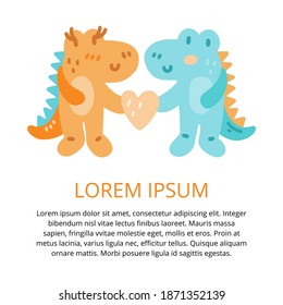 Cute colorful vector template with dinosaurs and text for printing. Caring dinosaurs in love. Vector template for card, postcard, banner, poster and social media