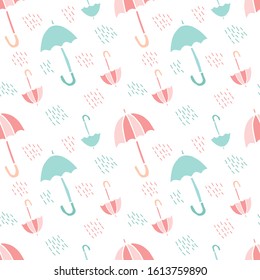 Cute and colorful vector umbrella seamless pattern with  rain for kids clothing and paper products. White background, pastel colors. Illustration