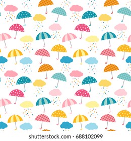 Cute and colorful vector umbrella seamless pattern with clouds and rain for kids clothing and paper products