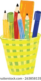 Cute colorful vibrant bright colors hand drawn pencils ruler and pens in a green basket clipart back to school