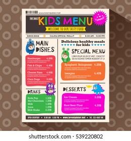 Cute colorful vibrant kids meal restaurant menu in newspaper style vector template