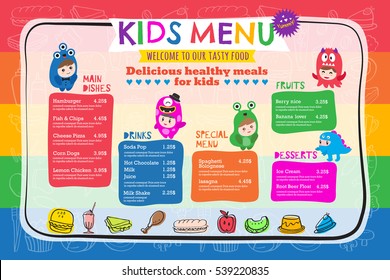 Cute Colorful Vibrant Kids Meal Restaurant Menu Placemat Vector Template