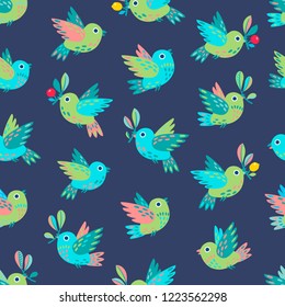 Cute colorful vintage pattern with flying birds. Detailed design with little birds holding fruit branches and leaves on dark blue background. Seamless vector pattern.