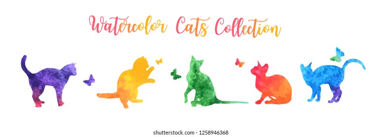 Cute colorful watercolor cat silhouettes playing with butterflies. vector illustration.