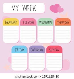 Cute Colorful Weekly Planner Note On Pink Background. Cute Sticky Note Papers.