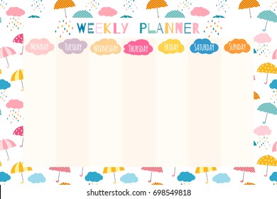 Cute and colorful weekly planner template, stationery organizer for daily plans and schedules